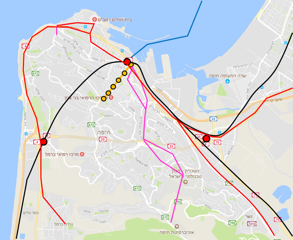 מינהור הרכבת בחיפה - הקו השחור מתאר את החלופה מקריית הממשלה ועד מרכזית חוף הכרמל (הדמיה באדיבות עמרי שפר)