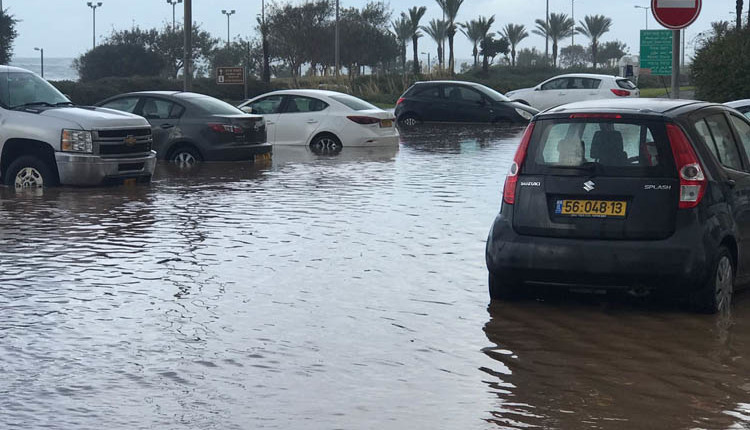 מכוניות שטבעו בחניה ברחוב הרותם בחיפה (צילום – ניסים בן-אריה)