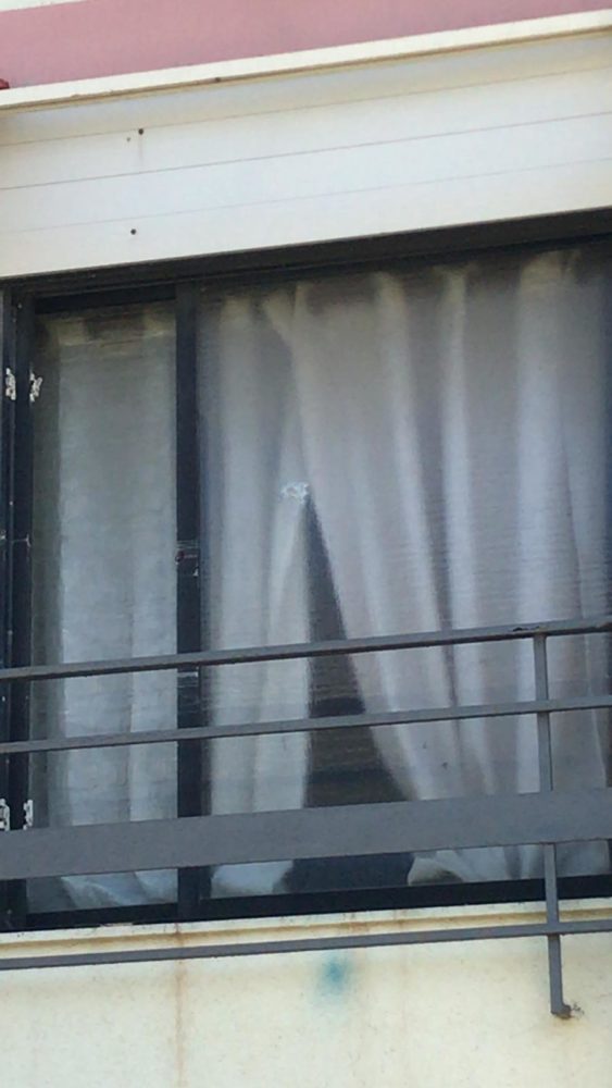 חלון מנוקב מקליע - הירי בשפרינצק בחיפה מהכביש לכיוון הדירה (צילום: חי פה)