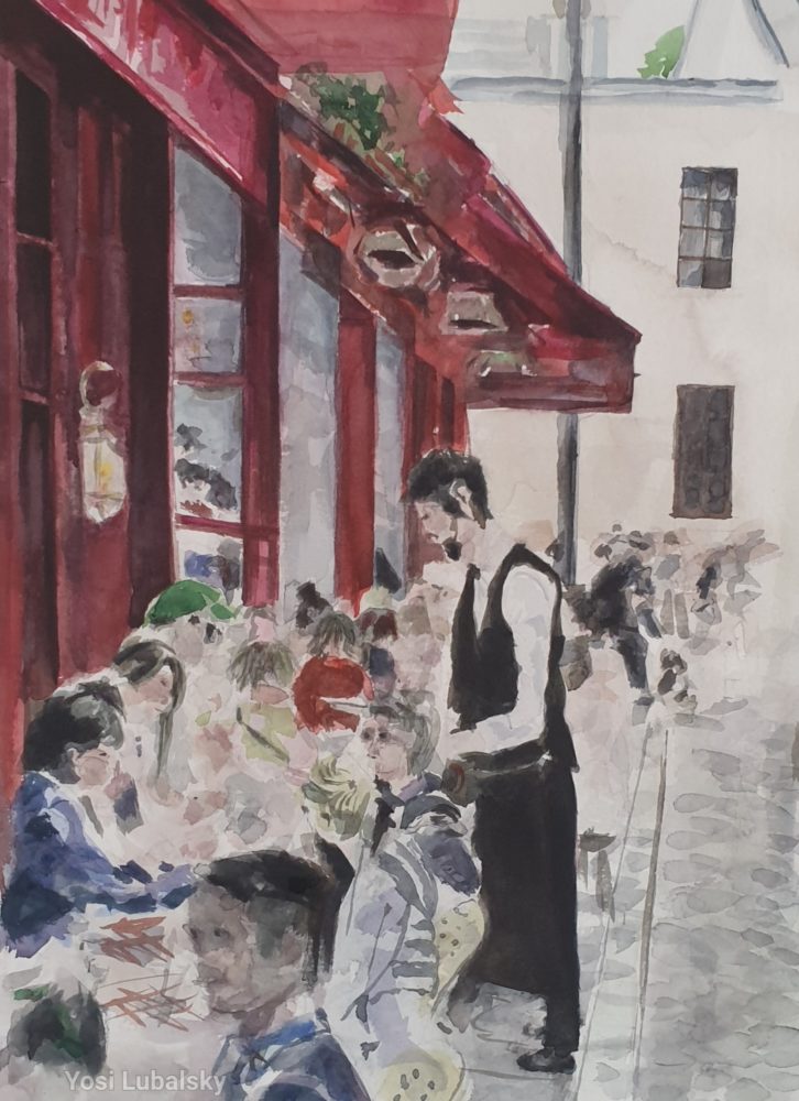 לחלום את רובע האמנים ובתי הקפה  מונמארטר פריז, צבעי מים על נייר אקוורל 36/51 ס"מ (ציור: יוסי לובלסקי)