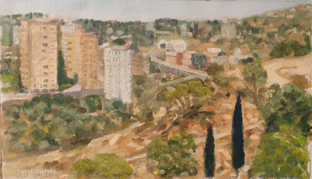 הנוף שעוד נשאר, מורדות ורדיה ואדי רושמיה ושכונת נווה שאנן, שמן על בד 42/24 ס"מ (ציור: יוסי לובלסקי)