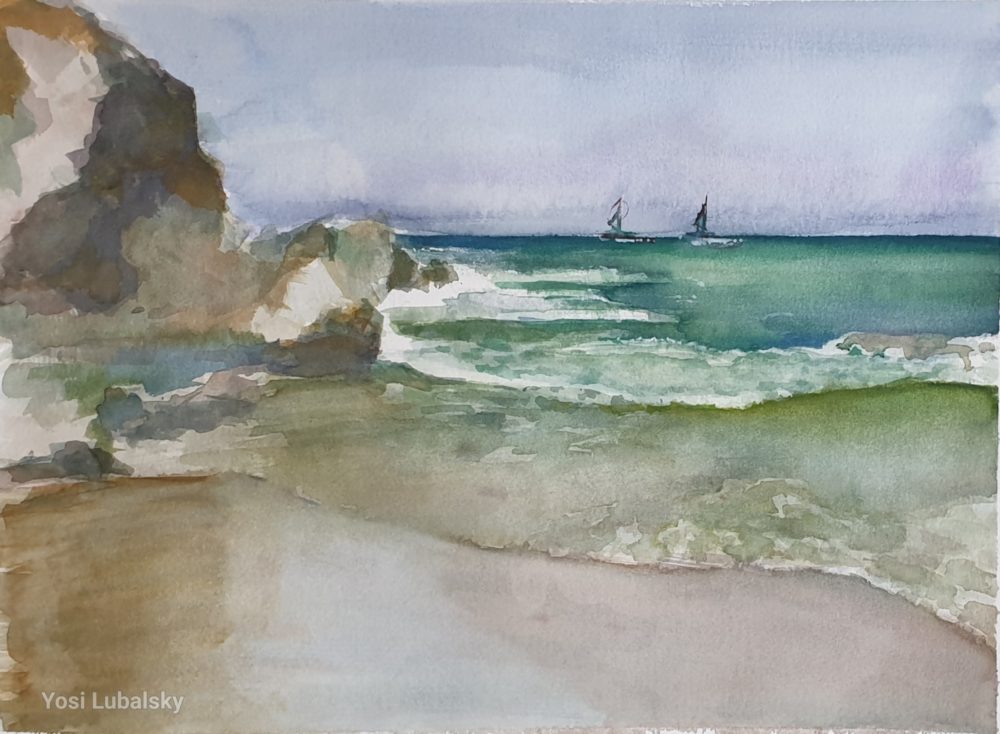 חוף הים, צבעי אקוורל  על נייר ארציס, 31/41 ס"מ , (ציור: יוסי לובלסקי)
