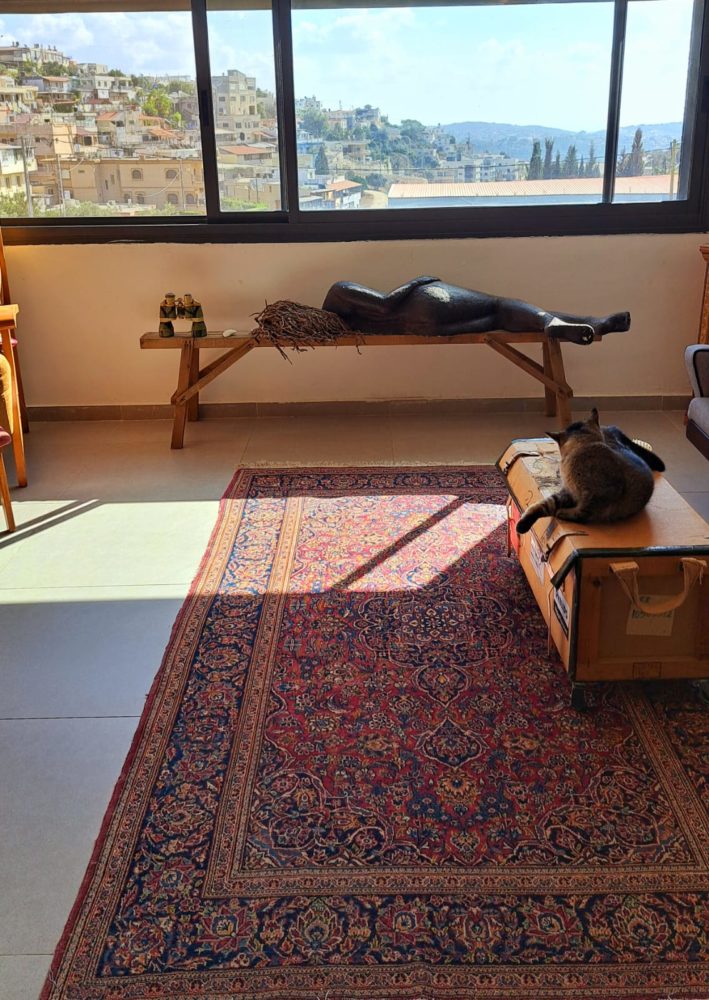 נוף, פסל, שרפרף וחתול • ביתה של מינה בן נון (צילום: רחלי אורבך)