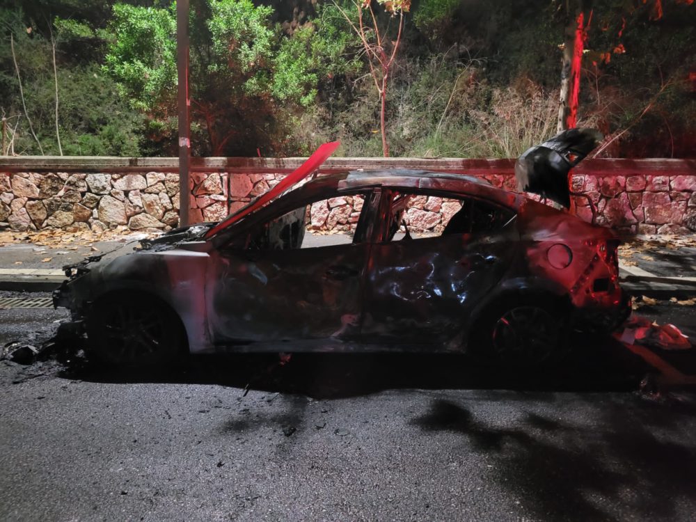 שריפה של רכב פרטי ברחוב נווה גנים בחיפה (צילום: כבאות והצלה)