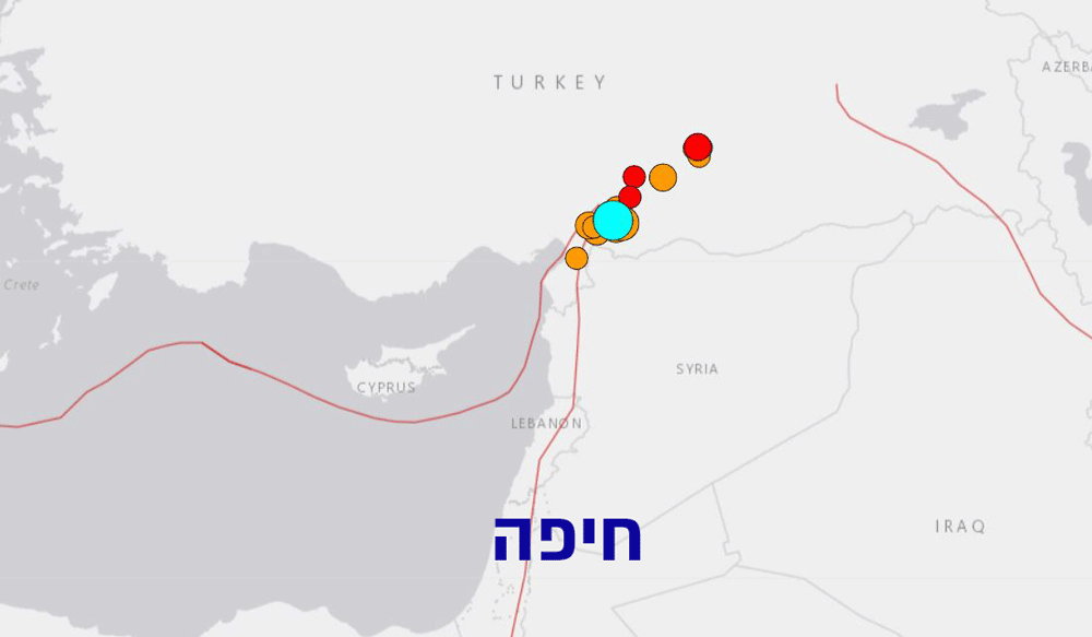 רעידות אדמה חזקות הורגשו הבוקר בחיפה (הדמיה באדיבות האתר האמריקאי USGS)