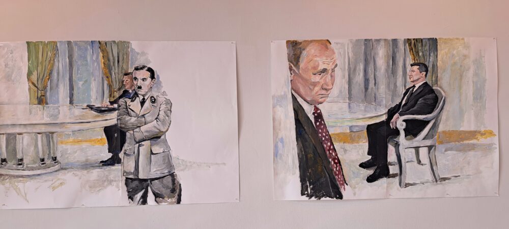ציורים עם מסר פוליטי-אדוארד בוגרד- בבניין בית הספר לאמנויות ע"ש הכט (צילום: רחלי אורבך)
