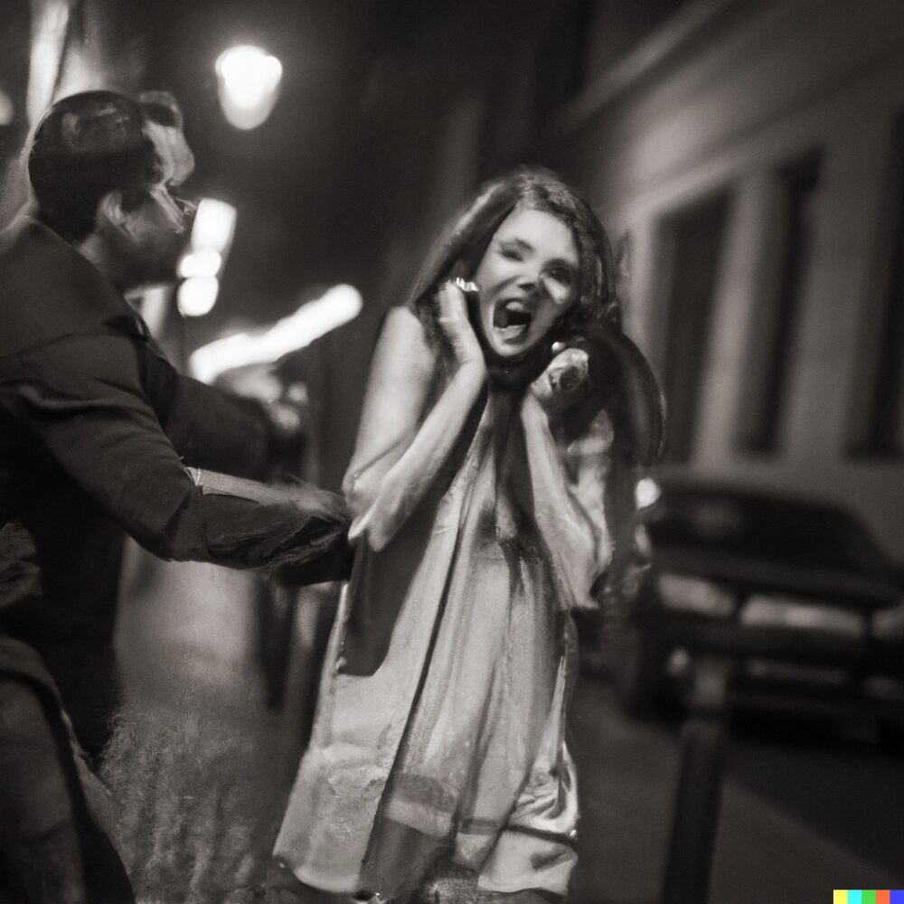 גבר תוקף אישה ברחוב - אילוסטרציה (איור: ירון כרמי באמצעות תוכנת DALL·E)