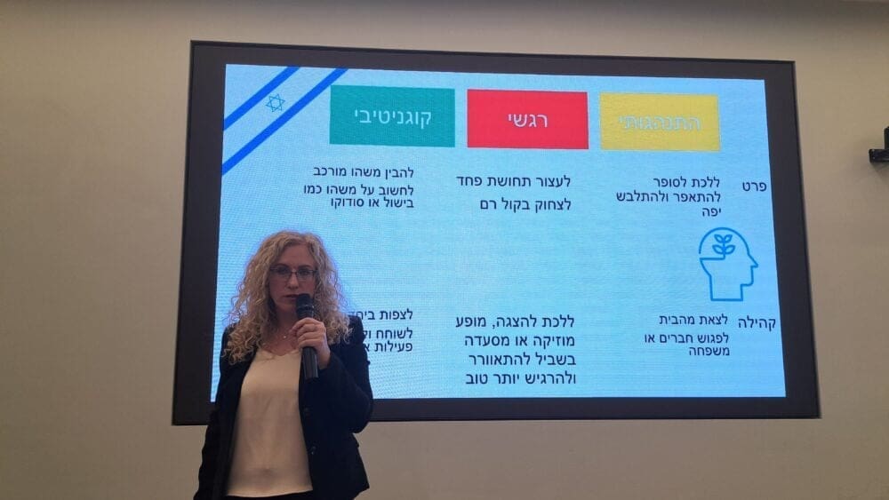 אתנה – המועדון האקדמי של ידידות אוניברסיטת חיפה -פרופ'  אדר בן אליהו – שקף התנהלות: התנהגותית, רגשית, קוגניטיבית  (צילום: רחלי אורבך)