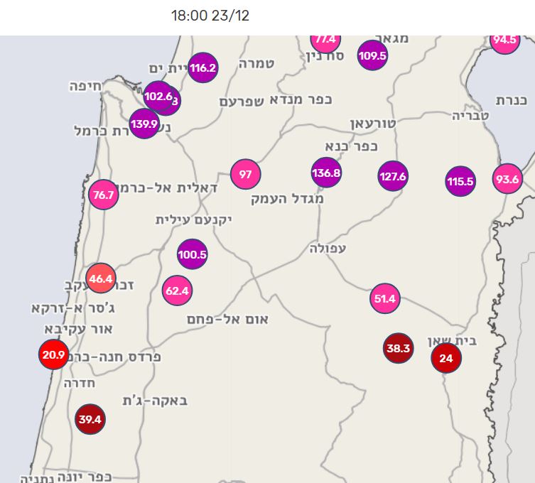 בחיפה ירדו 139 מילימטרים של גשם בתוך 24 שעות בלבד - הכמות הגדולה ביותר בישראל (מתוך אתר השירות המטאורולוגי)