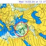 המפה הסינופטית ליום רביעי 14/2/24 מראה שקע קפריסאי עמוק אשר מכניס אלינו כמויות נאות של גשם
