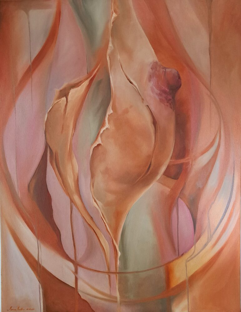 מרינה מוחין - ציור הומאז' לחברה, שחלתה בסרטן השד (צילום: רחלי אורבך)