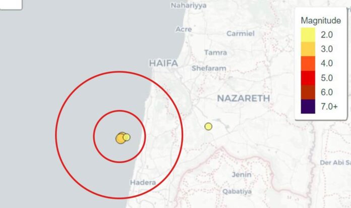 שתי רעידות אדמה הורגשו בחיפה - 6/8/24 (מפה באדיבות המכון הגיאולוגי לישראל)
