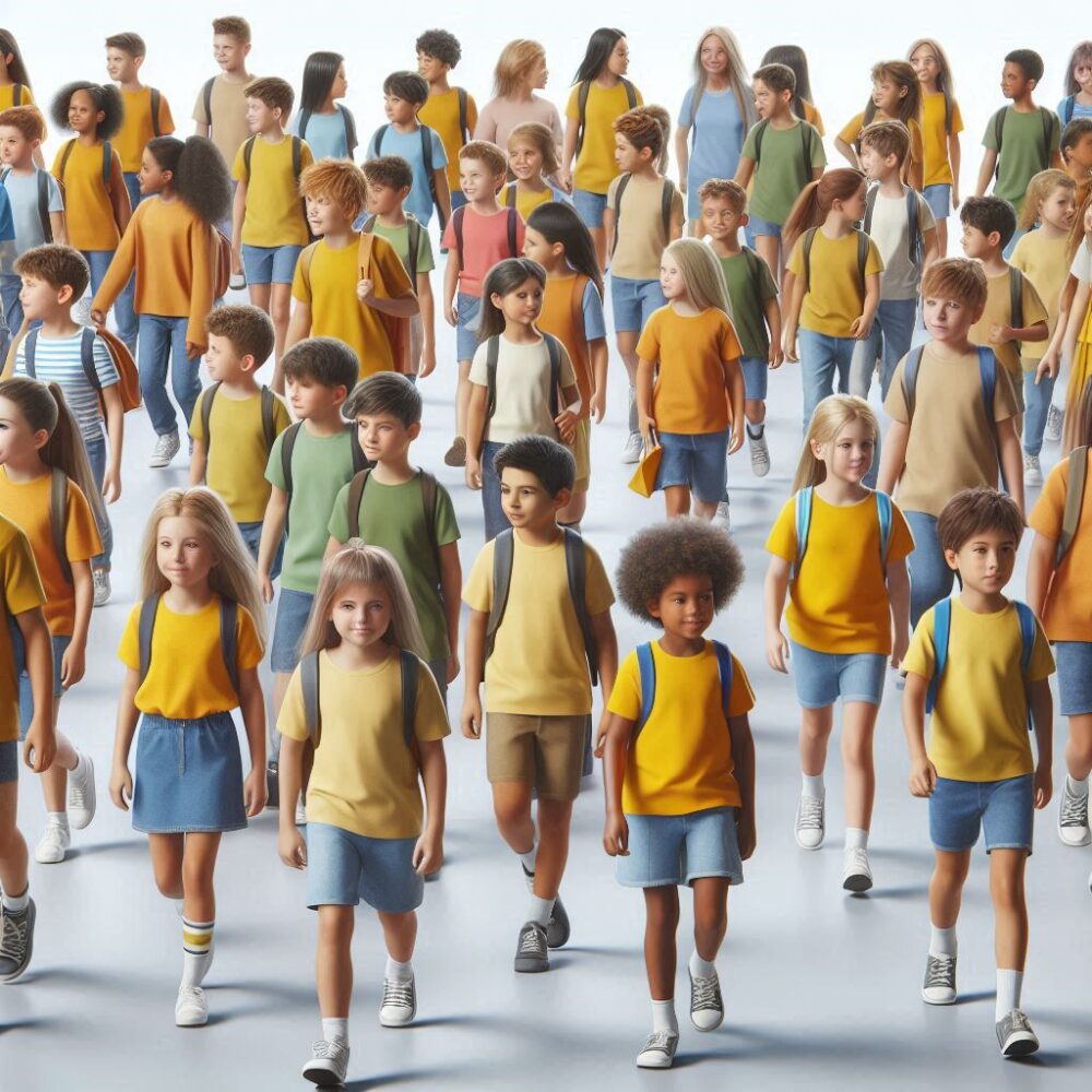ילדים בחולצות צהובות בפתח שנת הלימודים, המחשה (נוצר ע"י מידד פריינטא בAI)