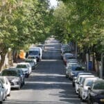 רחוב מוצל – עצים עושים צל מעל המדרכה בשני צידיו – רחוב צבעוני בשכונת ורדיה (צילום: ירון כרמי)