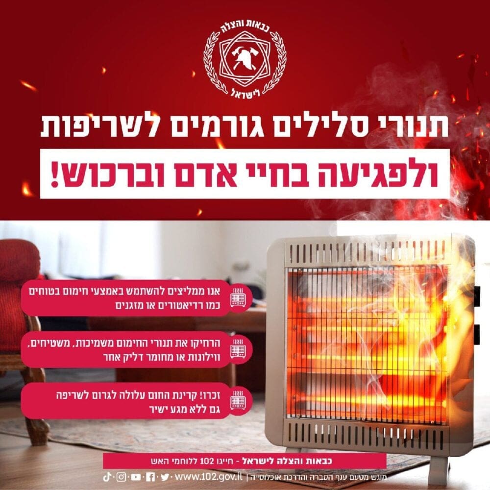 תנור סלילים הוא מסוכן והוא גורם משמעותי לפריצה של שריפות בדירות מגורים במהלך החורף (כרזה באדיבות כבאות והצלה)