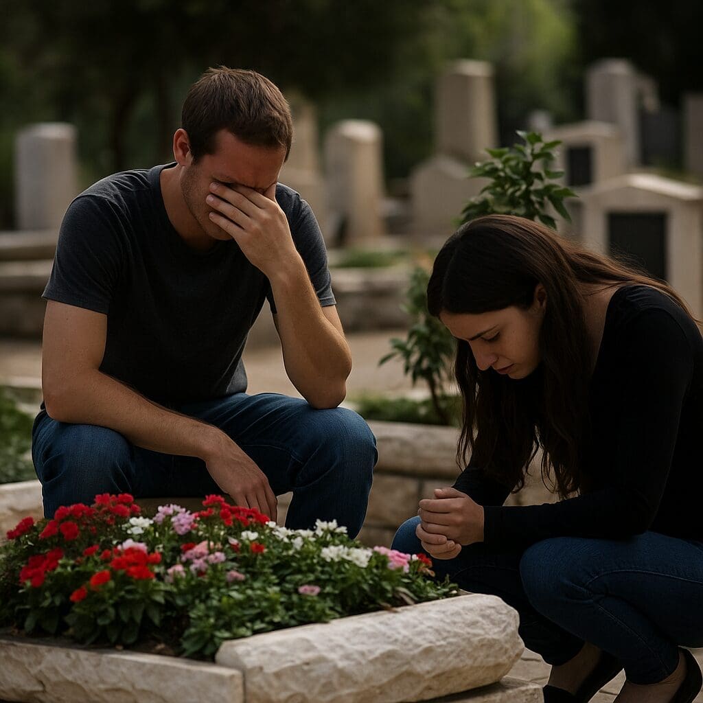 אחים שכולים מעל קברי האח שנפטר (יצירה ai)