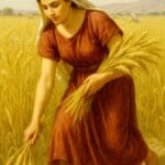רות המואבייה בשדה ליקוט שיבולים (צילום: נוצר בתוכנת .A.I ע"י רחלי אורבך)