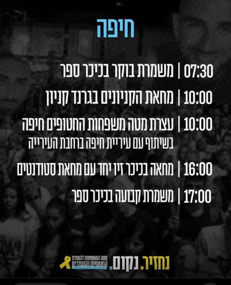 תכני המחאה - ישראל עוצרת בדרישה לעסקה להחזרת החטופים וסיום המלחמה 17/8/25