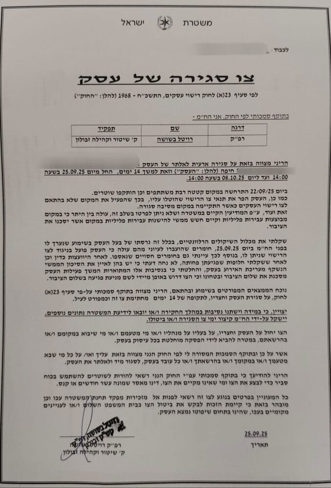 צו סגירה ללופט בחיפה (צילום: משטרת ישראל)