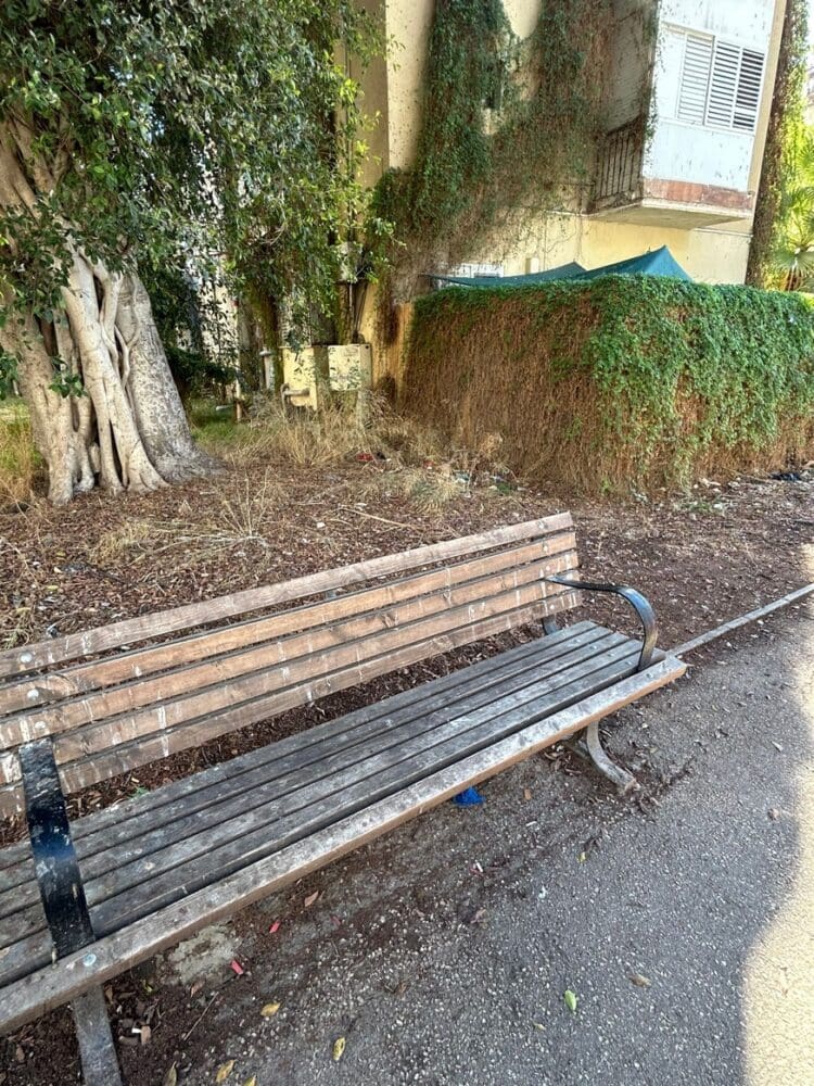 ספסל מטונף בשכונת בת גלים - איפה מתחיל שטח ציבורי ואיפה פרטי? הפסולת לא עוצרת בקצה המדרכה (צילום: שחר מורג)