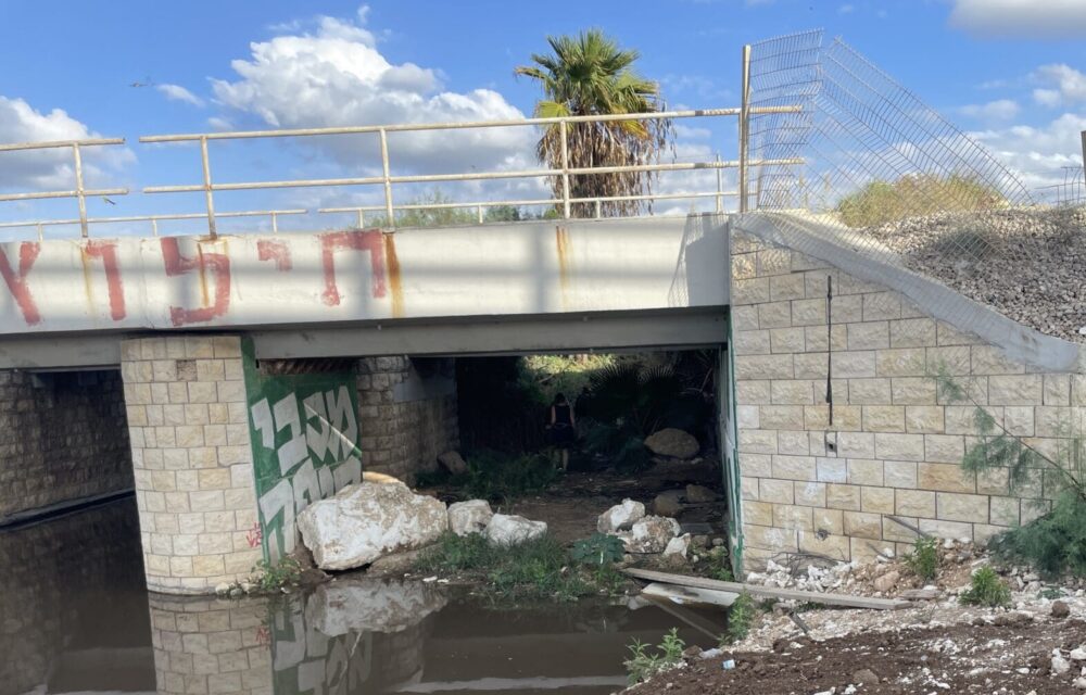 תושבים עוברים במעבר המים של נחל אורן מתחת לפסי הרכבת (צילום: יונתן גרשון)