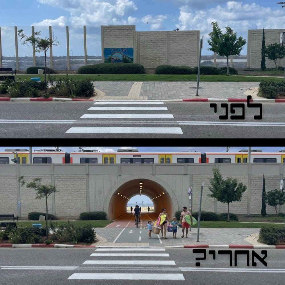 צילום מהחומה האקוסטית בין שכונת הרכס לחוף עם הצעת הגשה למעבר מתחת למסילה באדיבות Gemini AI (צילום: יונתן גרשון)
