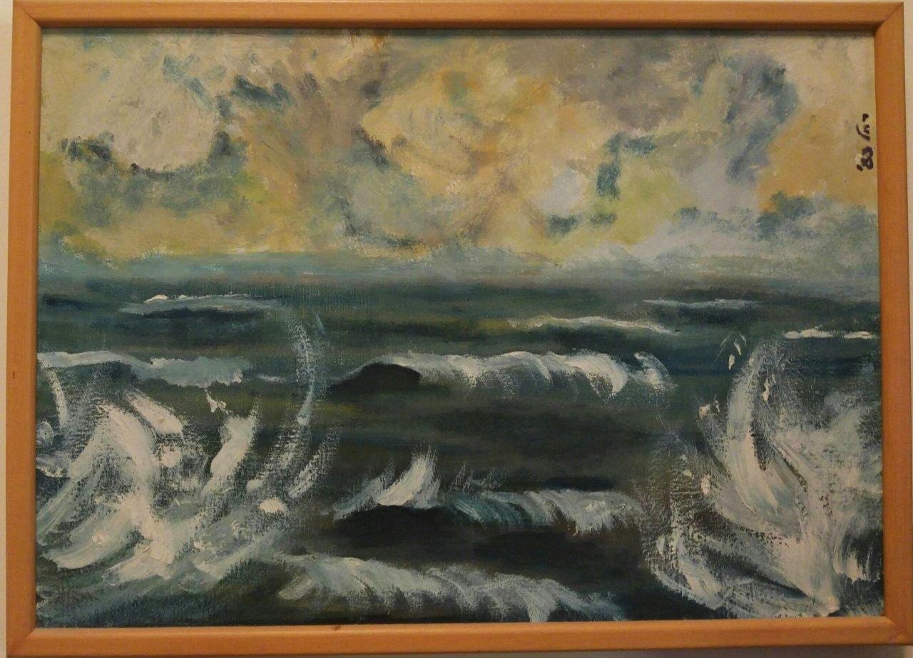 סופת ביירון - ציור: ים סוער וגועש, 1983 שמן על בד 35X23 (ציור וצילום: רחלי אורבך)