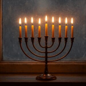 חנוכה ועוד חגי אור – חנוכייה, בה הלהבה שלא נכנעת (צילום: נוצר בתוכנת A.I ע"י רחלי אורבך)