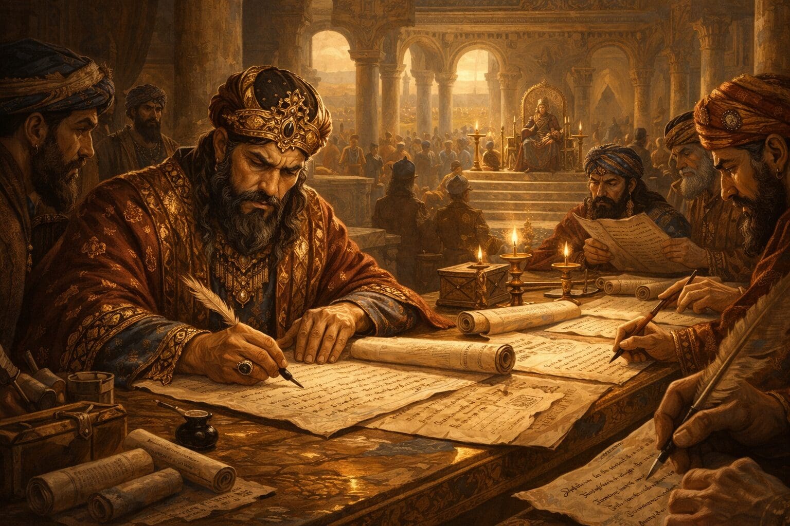 פורים ומגילת אסתר - המן כותב צו, פקידים סביב שולחן בחצר המלך (צילום נוצר בתוכנת a.i ע"י רחלי אורבך)