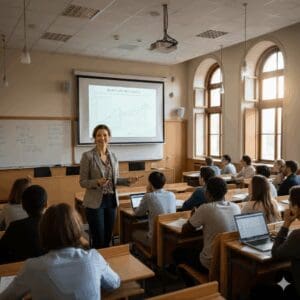 יום האישה הבינ"ל, 8 במרץ – מרצה באוניברסיטה (צילום נוצר בתוכנת a.i ע"י רחלי אורבך)
