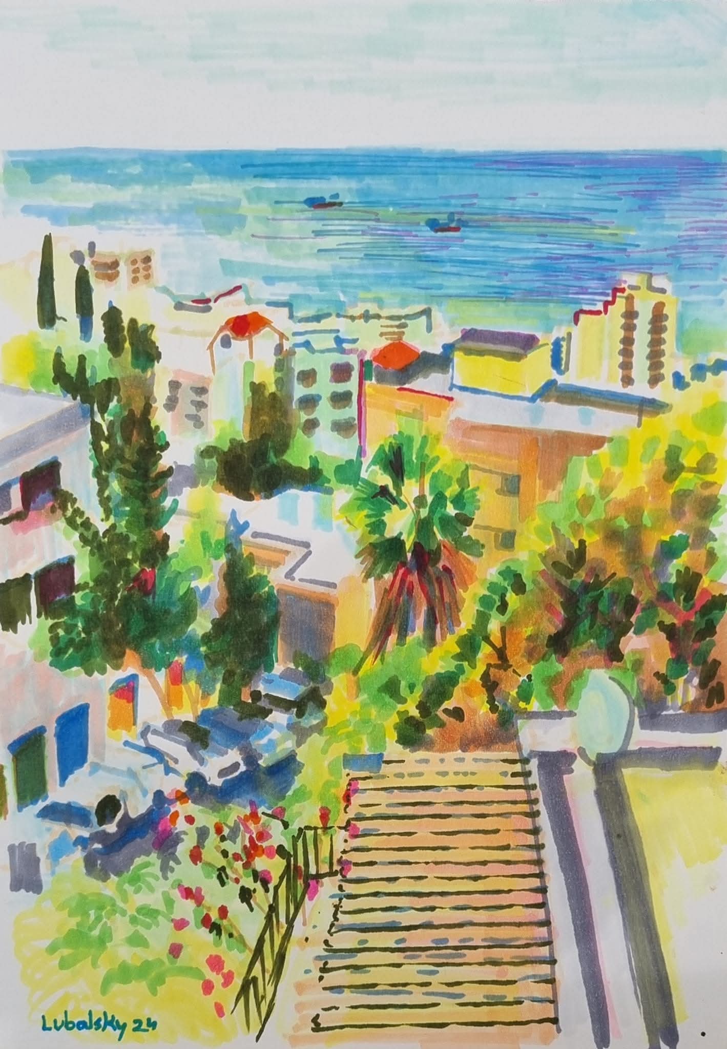 חיפה והנוף של רמת התשבי והשקט הקיים (ציור: יוסי לובלסקי)