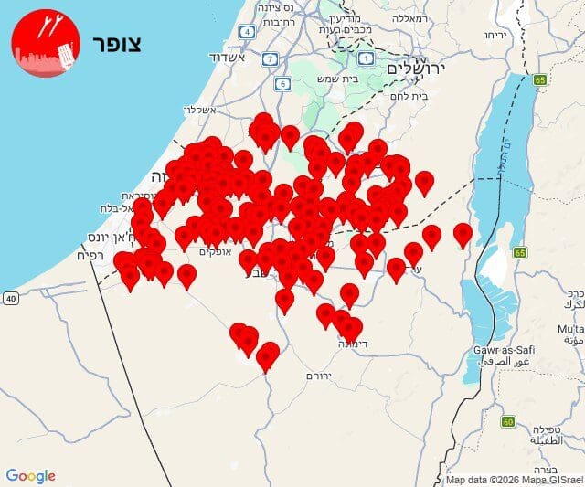 2/3/26 - 07:46 - שיגור טיל לעבר באר שבע (מפה: מערכת צופר)