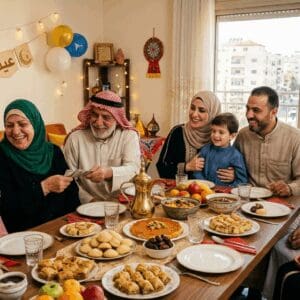 עיד אל פיטר – ארוחות חגיגיות באווירה משפחתית רב דורית (צילום נוצר בתוכנת a.i. ע"י רחלי אורבך)