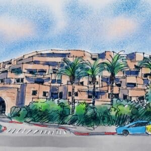 בניין ״הכוורת״ שעל גבעת דאונס בחיפה (איור ד״ר דוד בר און)