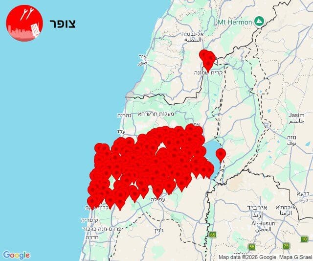 13/3/26 - 6:35 - אזעקות צבע אדום בגליל, צפונית ומזרחית לאזור חיפה (מפה: מערכת צופר)