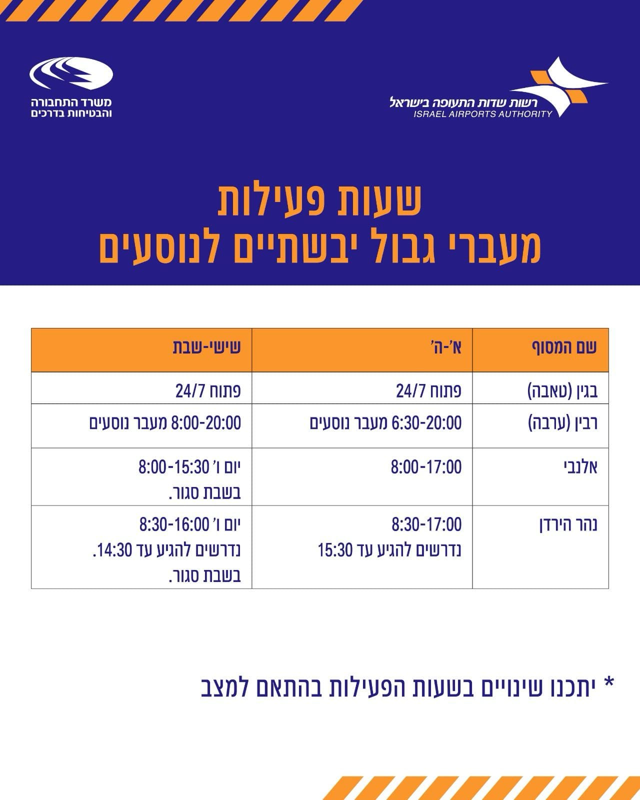 שעות פעילות מעברי גבול (משרד התחבורה)