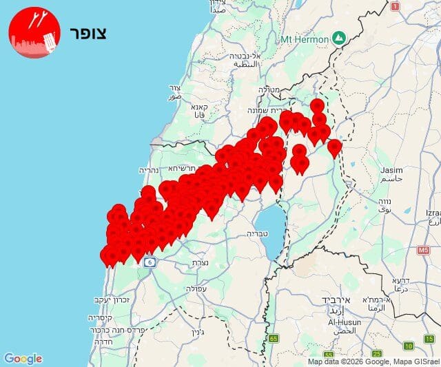 19/3/26 5:23 - טיל מאיראן. אזעקות בגולן, הגליל, הקריות וסביב חיפה (מפה: מערכת צופר)