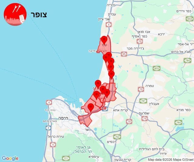 18:00 - יירוט מעל הקריות - אזעק צבע אדום - 31/3/26 (מפה: מערכת צופר)