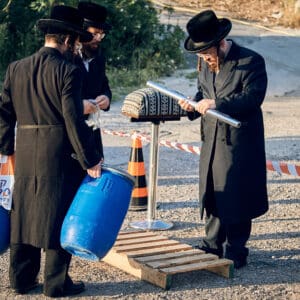 חסידות סערט ויז'ניץ, מים שלנו, נחל שיח, עין שיח, כפר סמיר, האדמו"ר מסערט ויז'ניץ, חיפה, הכנות לפסח, שאיבת מים, מנהגי עדות, זמירות, תפילה, מנחה, חג, פסח, מנהג, מסורת, מצות מצווה, מעיין, חרדים, קהילה, דתיים