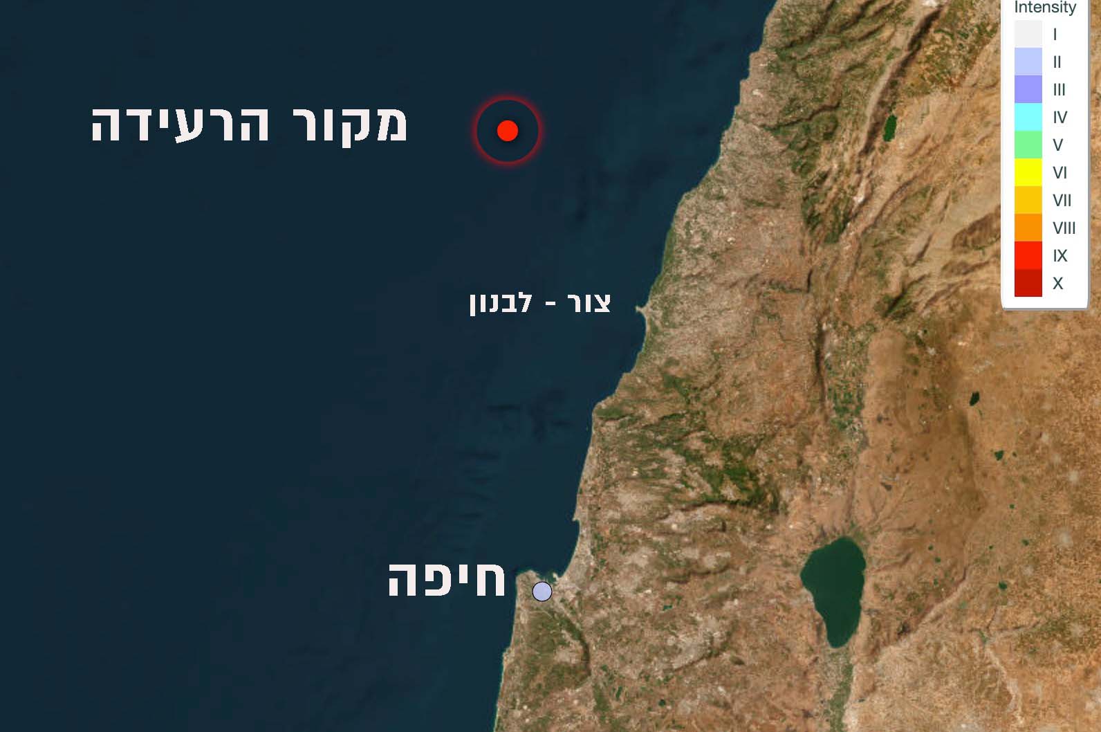 רעידת אדמה הורגשה בחיפה ובכל צפון הארץ - 6/4/26 10:52:18 (מפה: המכון הגיאולוגי הישראלי)