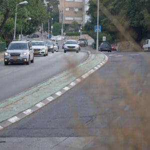 סביבה עירונית, כביש, אספלט, צומת, רחוב, בנייני מגורים, צמחייה, עצים, רכבים, מכוניות חונות, תנועה, עמודי תאורה, תשתית, מדרכה, מעקה בטיחות,נסיעה, אור יום, שכונת מגורים, נווה שאנן, זיו, טכנון, פקקים, תנועה, כביש ראשי, עלייה לכרמל, דרך יעקב דורי, דו נתיבי