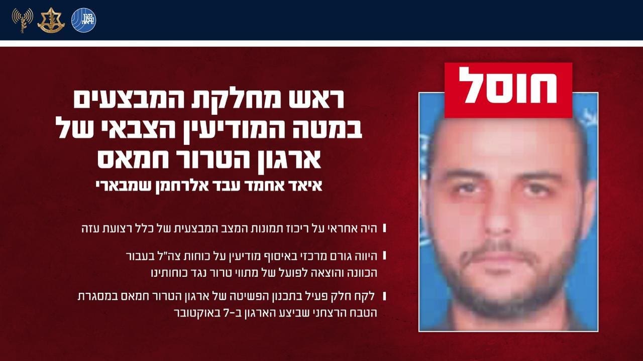 צה״ל ושב״כ חיסלו את ראש מחלקת המבצעים במודיעין הצבאי של חמאס 29/4/26 (צילום: דובר צה״ל)