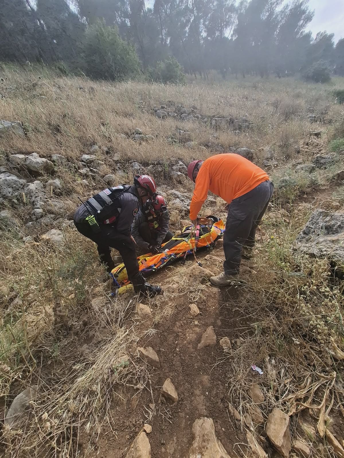 חילוץ מוסק מורכב: אישה שנפגעה ברגלה חולצה מנחל סמוך למעלה גלבוע 6/5/26 (צילום: כבאות והצלה לישראל)