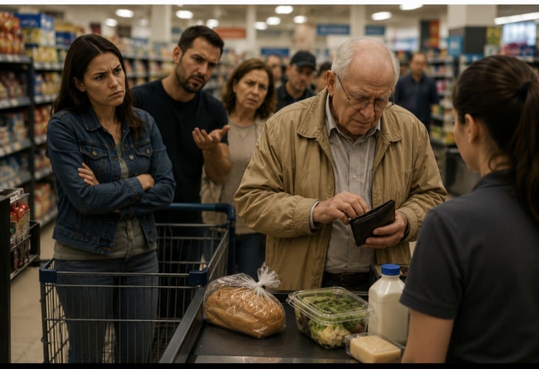 אנשים עומדים בתור בסופרמרקט (יצירת AI - פנינה אמור)