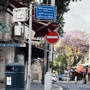 רחוב הרצל, רחוב יחיאל, הדר הכרמל, מסחר, חנויות, תריסי גלילה, מדרכה, ריצוף, כביש, שלטי רחוב, תמרורים, מגדל חיפה, בנייני מגורים, צמחייה עירונית, עצי סיגלון, פריחה סגולה, בובת תצוגה, פח אשפה, גרפיטי, שלטי השכרה, נוף עירוני, תשתיות
