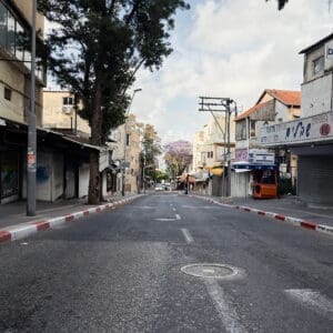 רחוב הרצל, רחוב יחיאל, הדר הכרמל, מסחר, חנויות, תריסי גלילה, מדרכה, ריצוף, כביש, שלטי רחוב, תמרורים, מגדל חיפה, בנייני מגורים, צמחייה עירונית, עצי סיגלון, פריחה סגולה, בובת תצוגה, פח אשפה, גרפיטי, שלטי השכרה, נוף עירוני, תשתיות