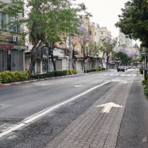 רחוב הרצל, הדר הכרמל, מסחר, חנויות, תריסי גלילה, מדרכה, ריצוף, כביש, שלטי רחוב, תמרורים, מגדל חיפה, בנייני מגורים, צמחייה עירונית, עצי סיגלון, פריחה סגולה, בובת תצוגה, פח אשפה, גרפיטי, שלטי השכרה, נוף עירוני, תשתיות