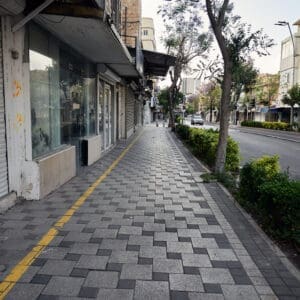 מסחר, חנויות, רחוב הרצל, הדר הכרמל, חזית עסק, תריסי גלילה, שלטים, חנות בגדים, חנות תכשיטים, מכונות תפירה, מדרכה, ריצוף אבן, בובות תצוגה, חלון ראווה, גרפיטי, אמנות רחוב, סמטה, פח אשפה ירוק, צמחייה עירונית, שיחים, עמודי תאורה, תמרורים, ריק, התרוקנות