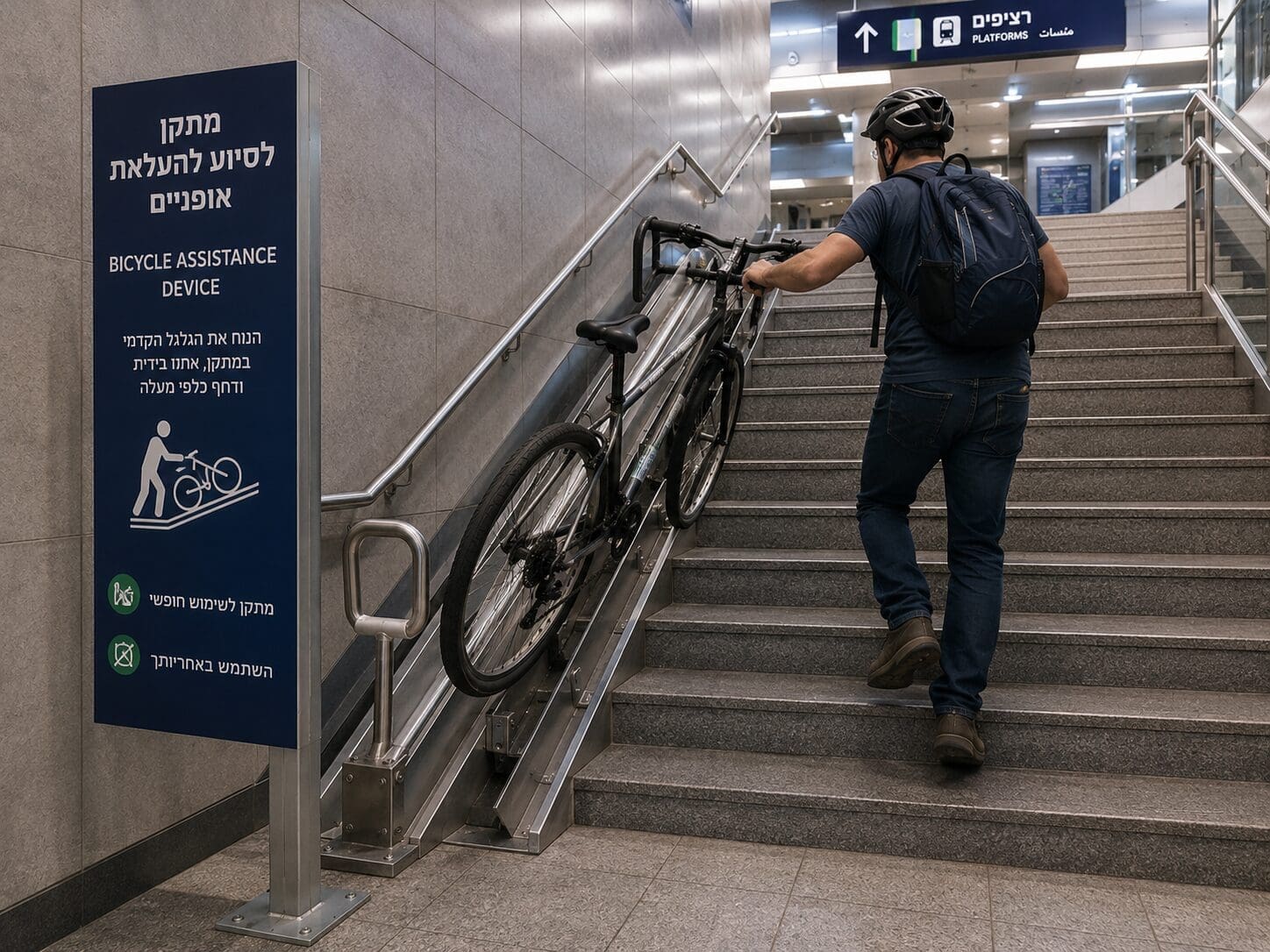 מתקן סיוע לנשיאת אופניים בתחנת רכבת  (צילום: AI)