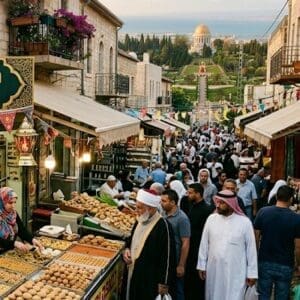 עיד אל אדחא – חג הקורבן – מאכלים לקראת החג בשווקי חיפה (צילום: נוצר בתוכנת A.I ע"י רחלי אורבך)